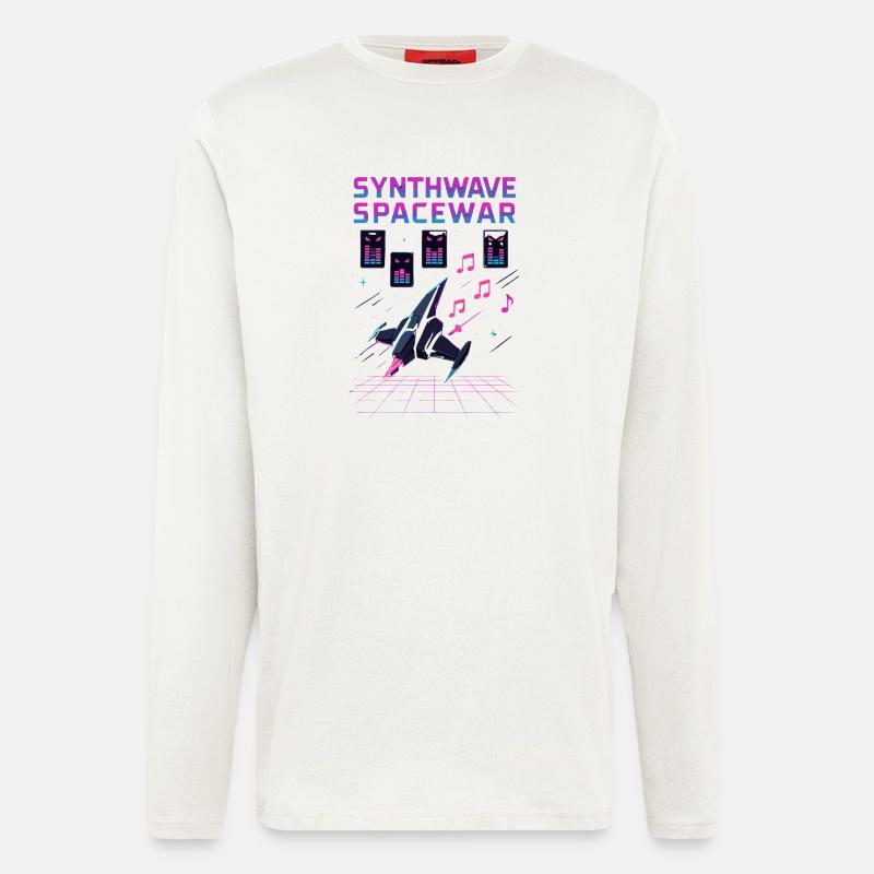 SYNTHWAVE SPACEWAR Vaisseau Rétro Neon 80s - Manches longues bio décontracté fabriqué en UE - OFF WHITE