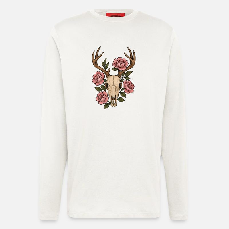 Pfingstrosenschädel-Hirsch-Emblem - Langarmshirt - made by SPREAD  - OFF WHITE