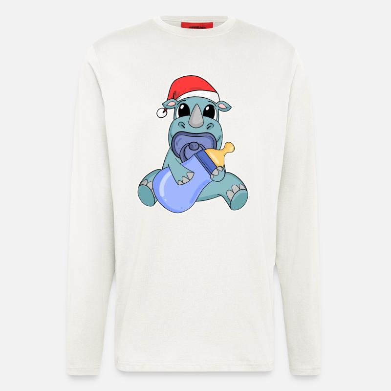Rhinocéros bébé Noël - Manches longues bio décontracté fabriqué en UE - OFF WHITE
