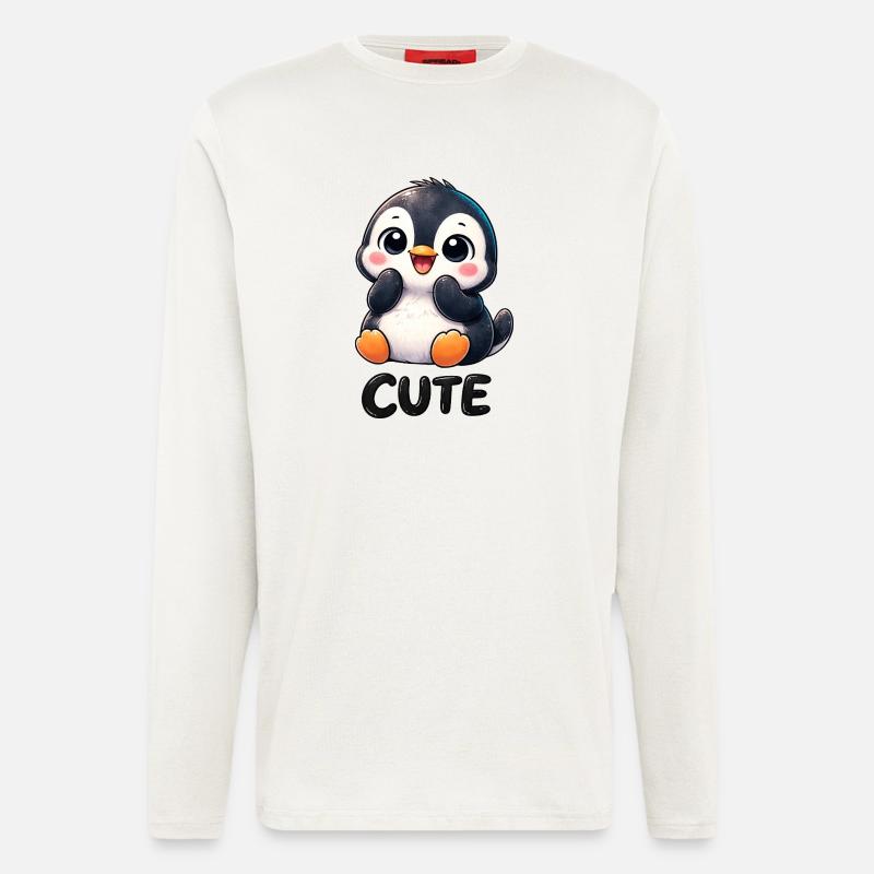 Pingouin chibi mignon timide timide mignon - Manches longues bio décontracté fabriqué en UE - OFF WHITE