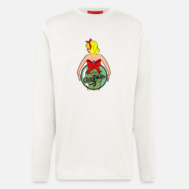 Frau mit Weihnachtskugel und roter Schleife - Langarmshirt - made by SPREAD  - OFF WHITE