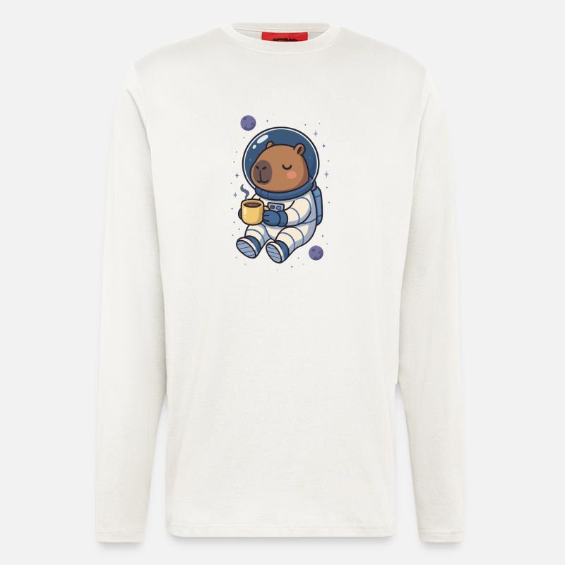 Capybara Astronaute – Café dans l’espace ☕🪐 - Manches longues bio décontracté fabriqué en UE - OFF WHITE