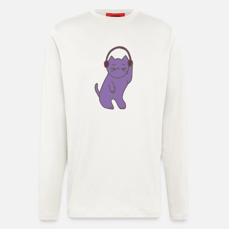 Lila Katzen mit Kopfhörer - Langarmshirt - made by SPREAD - OFF WHITE