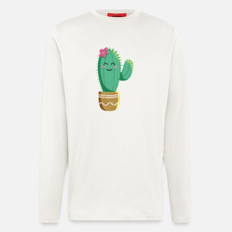 Cactus mignon avec fleur - Manches longues bio décontracté fabriqué en UE - OFF WHITE