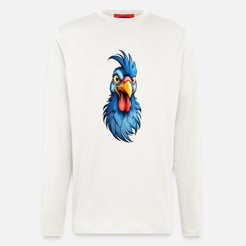 Un coq à plumes bleues - Manches longues bio décontracté fabriqué en UE - OFF WHITE