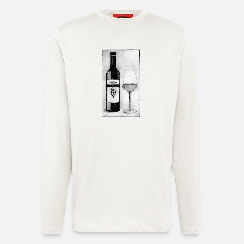 Weinflasche mit Glas - Druckvorlage handgeschnitzt - Langarmshirt - made by SPREAD  - OFF WHITE