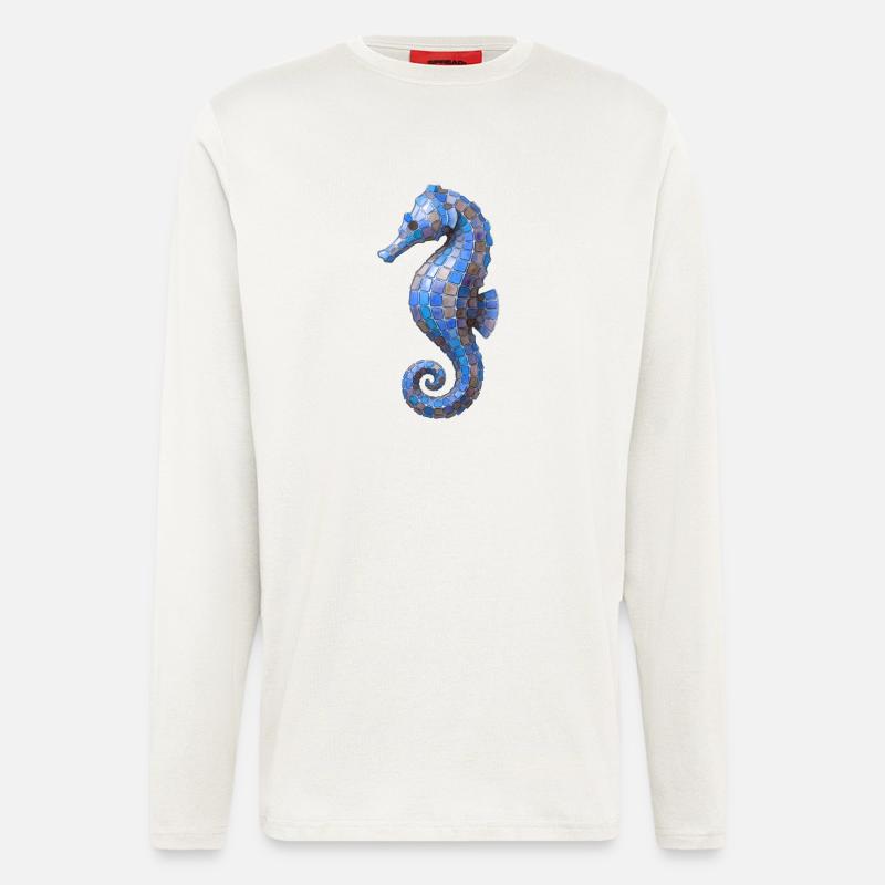 Seepferdchen Mosaik - Blaues Meeres-Design - Langarmshirt - made by SPREAD  - OFF WHITE