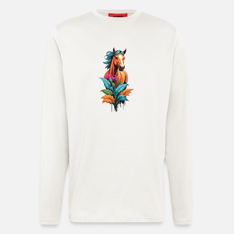 Pferdekopf mit Blumen - Langarmshirt - made by SPREAD  - OFF WHITE