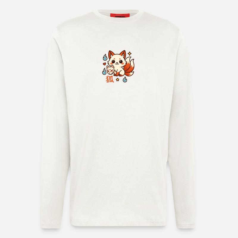 Kitsune Feu Ami Dessin Animé - Manches longues bio décontracté fabriqué en UE - OFF WHITE
