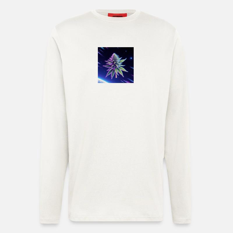 Feuille de cannabis néon spatiale - Manches longues bio décontracté fabriqué en UE - OFF WHITE