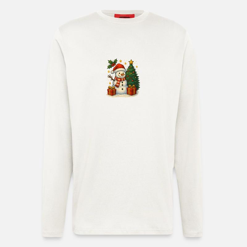 Weihnachtsschneemann mit Baum und Geschenken - Langarmshirt - made by SPREAD - OFF WHITE