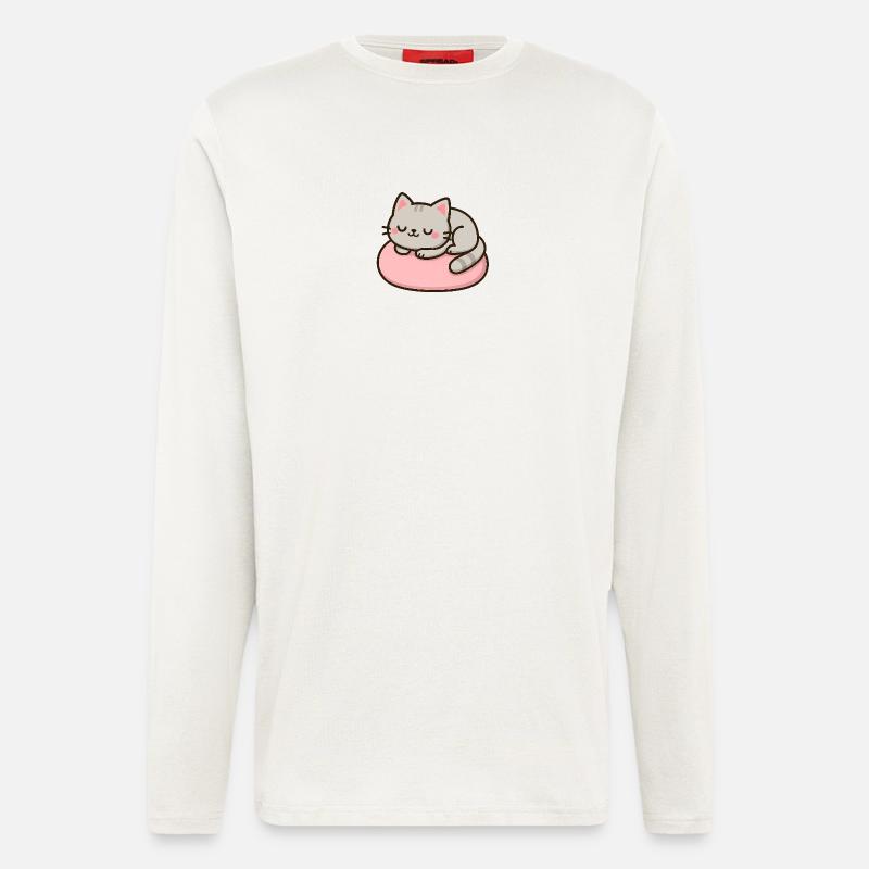 Chat doux sur coussin rose - Manches longues bio décontracté fabriqué en UE - OFF WHITE