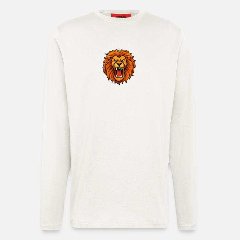 Design rugissant de tête de lion - Manches longues bio décontracté fabriqué en UE - OFF WHITE