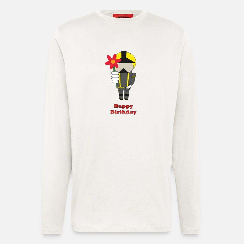 Joyeux anniversaire - avec des fleurs - Pompiers - Manches longues bio décontracté fabriqué en UE - OFF WHITE