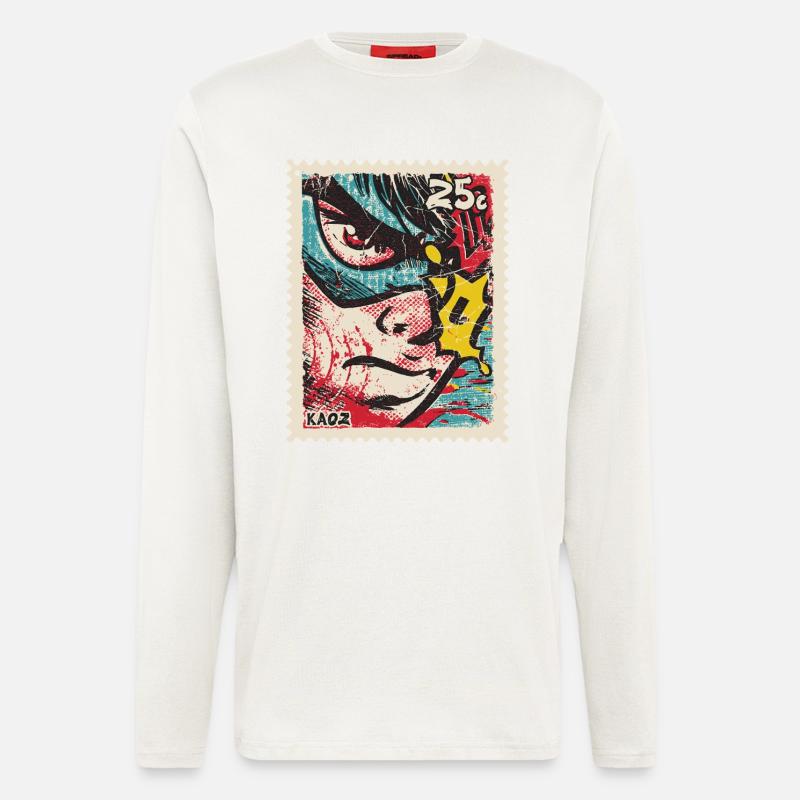 Comic-Held als Retro-Briefmarke - Langarmshirt - made by SPREAD  - OFF WHITE
