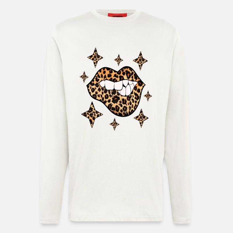 Leopard Lips Sexy Kiss Bouche - Manches longues bio décontracté fabriqué en UE - OFF WHITE