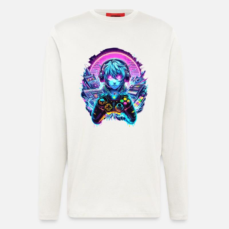 Gamer Headset Anime Synthwave Art - Langarmshirt - made by SPREAD  - OFF WHITE