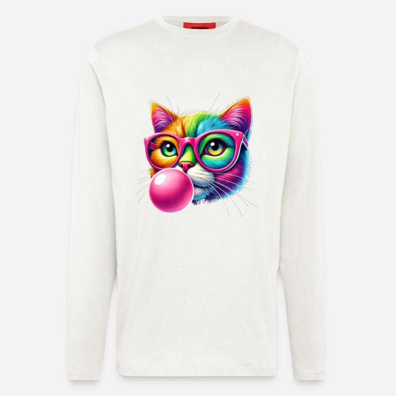 Bunte Katze mit Brille und Kaugummi-Design - Langarmshirt - made by SPREAD  - OFF WHITE