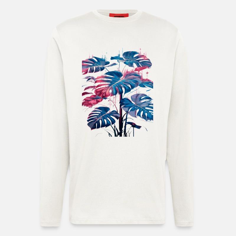 Rétro Monstera Plante Neon Synthwave - Manches longues bio décontracté fabriqué en UE - OFF WHITE