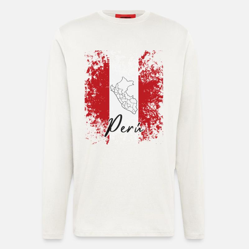 J'aime le Pérou, le drapeau péruvien - Manches longues bio décontracté fabriqué en UE - OFF WHITE