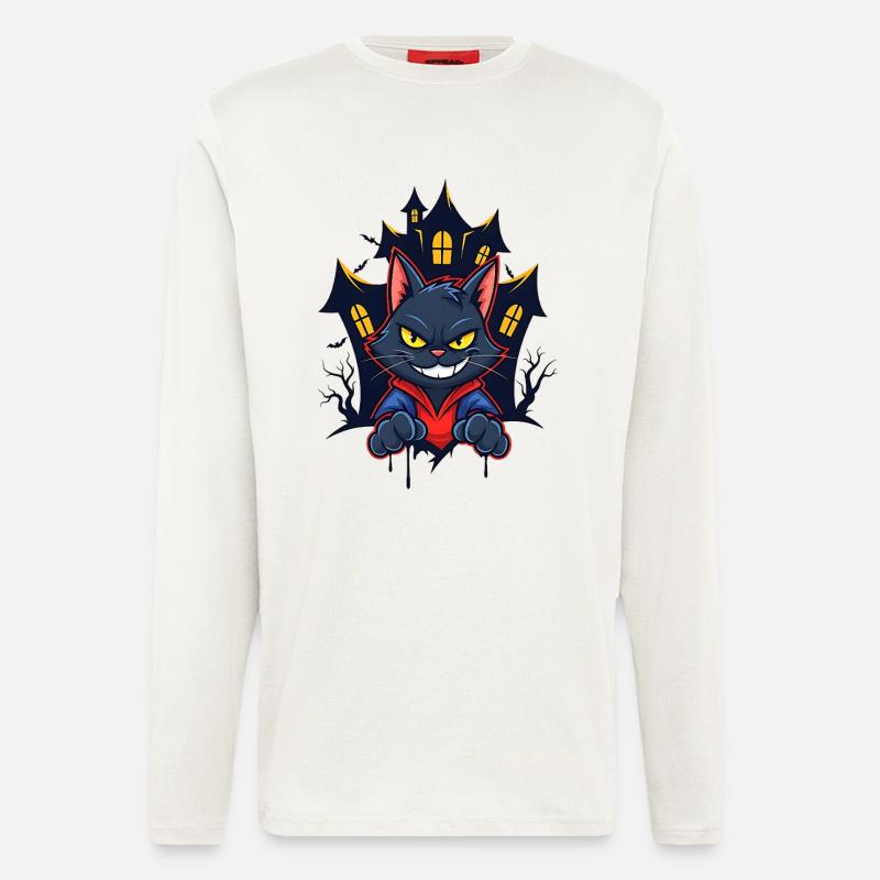 Chat souriant devant une maison hantée - Manches longues bio décontracté fabriqué en UE - OFF WHITE