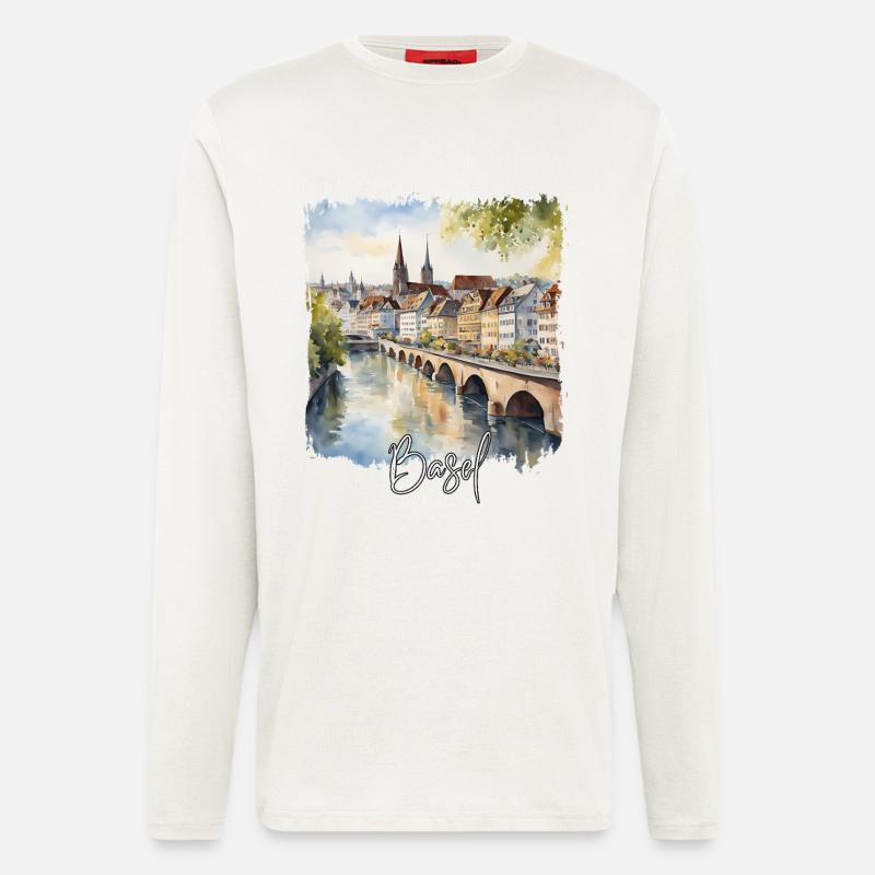 Aquarelle de Bâle, Bâle Suisse - Manches longues bio décontracté fabriqué en UE - OFF WHITE