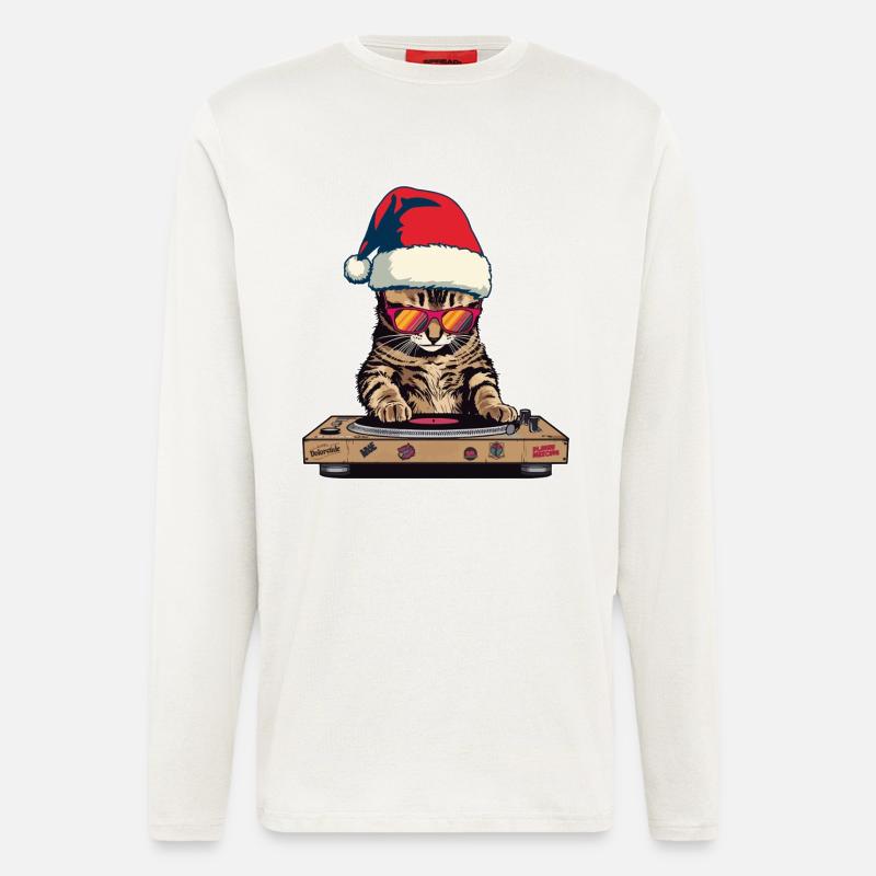 DJ Katze mit Weihnachtsmütze - Langarmshirt - made by SPREAD  - OFF WHITE