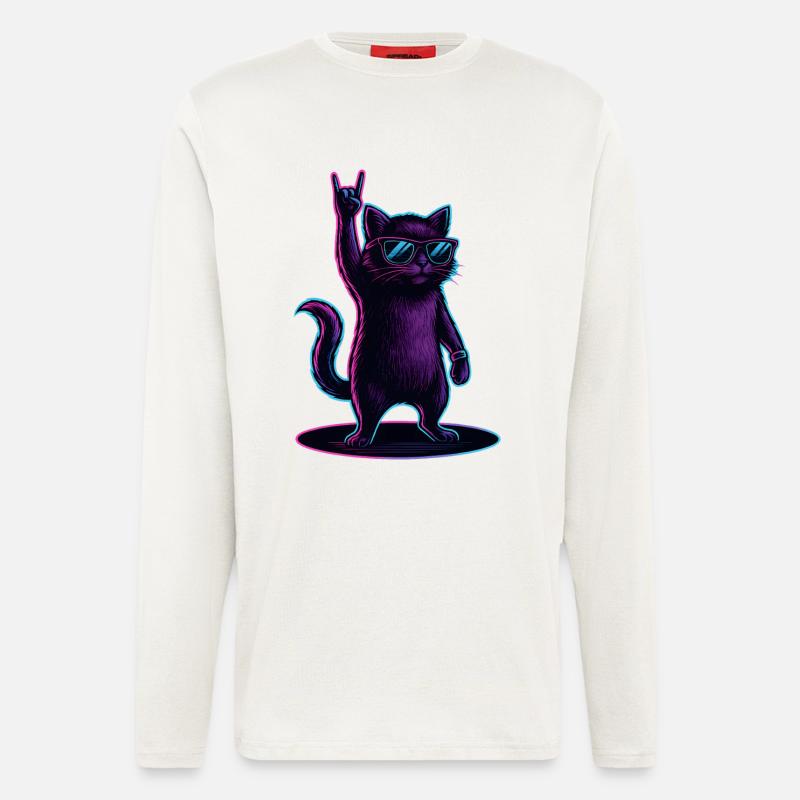Synthwave Cat Cat with Rockhand Pose - Longsleeve - made by SPREAD  - OFF WHITE