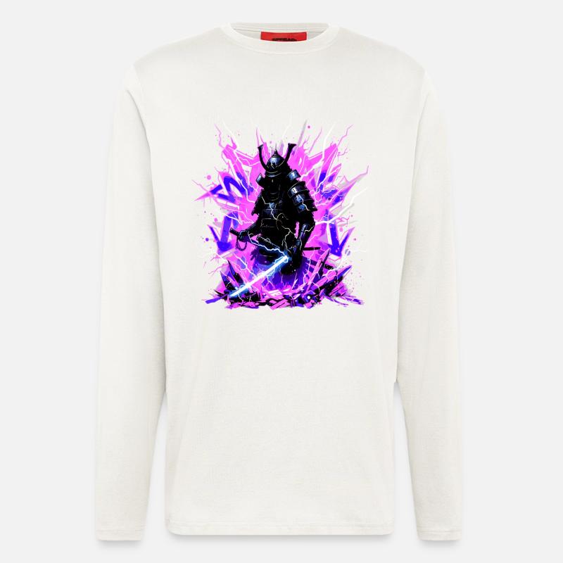 Cyber Samurai – Synthwave Katana Geist - Manches longues bio décontracté fabriqué en UE - OFF WHITE