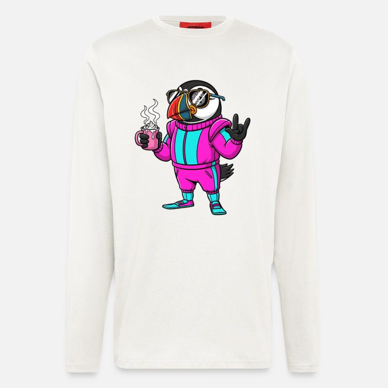 Stylischer Vogel im Ski-Overall mit Kaffee - Langarmshirt - made by SPREAD  - OFF WHITE