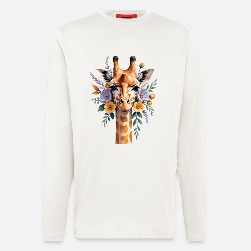 Girafe avec une couronne de fleurs - Manches longues bio décontracté fabriqué en UE - OFF WHITE
