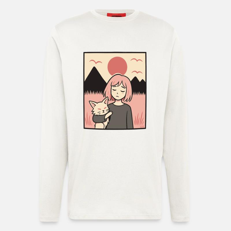 Mädchen mit Katze vor Bergen - Langarmshirt - made by SPREAD  - OFF WHITE
