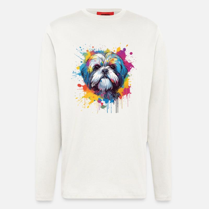 Shih Tzu Hund Bunte Spritzkunst - Langarmshirt - made by SPREAD - OFF WHITE
