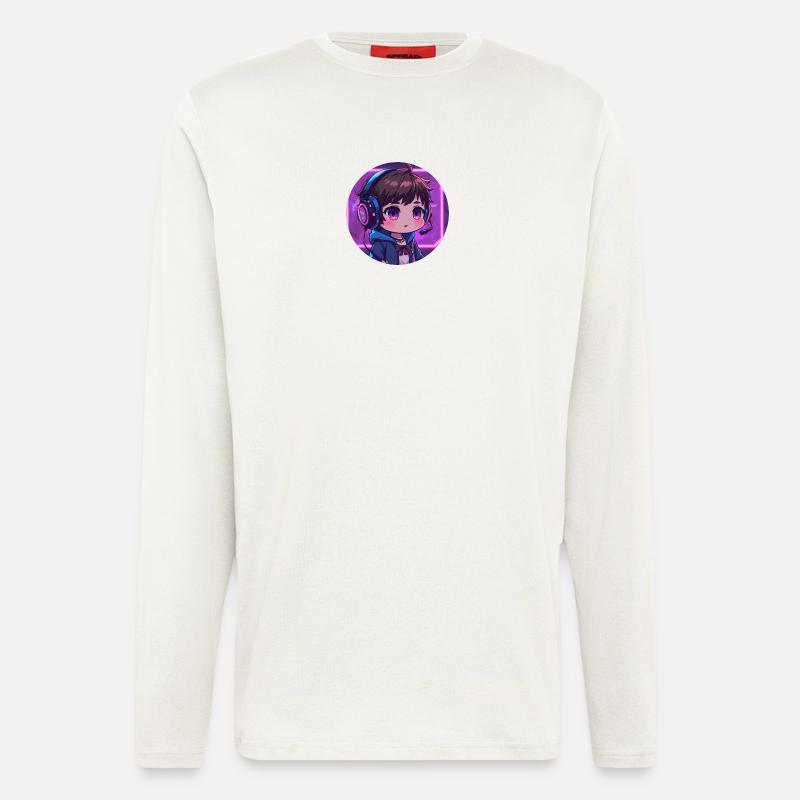 Chibi de jeu Neon avec casque - Manches longues bio décontracté fabriqué en UE - OFF WHITE