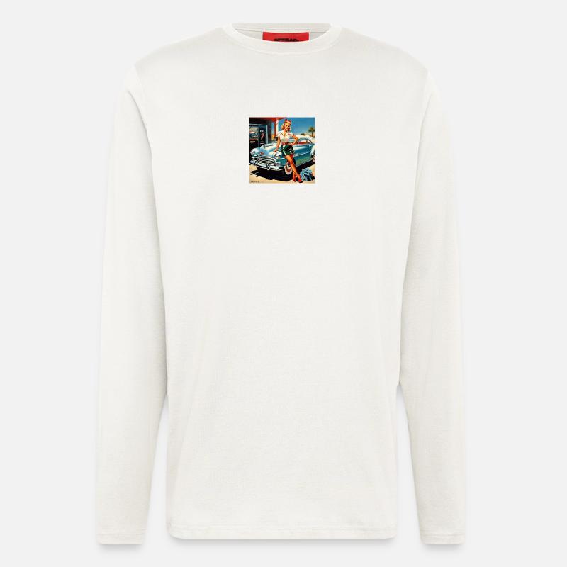 Retro Pinup am Oldtimer - Langarmshirt - made by SPREAD  - OFF WHITE