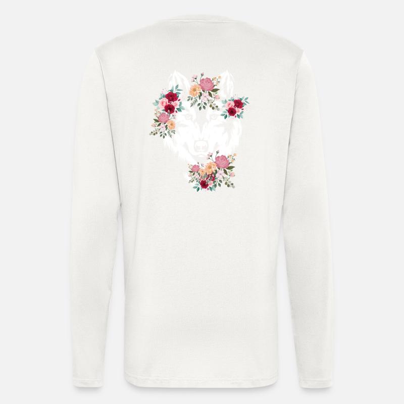 Wolf Wolfskopf Fleurs Déco - Manches longues bio décontracté fabriqué en UE - OFF WHITE