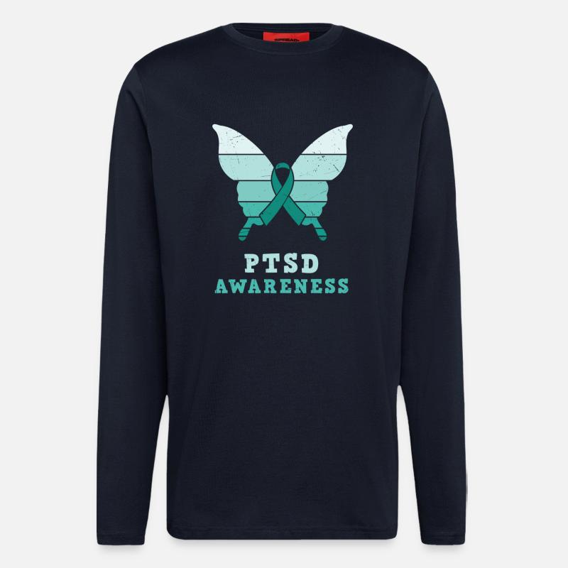 Papillon Ptsd Sensibilisation Ruban sarcelle - Manches longues bio décontracté fabriqué en UE - DARK NAVY