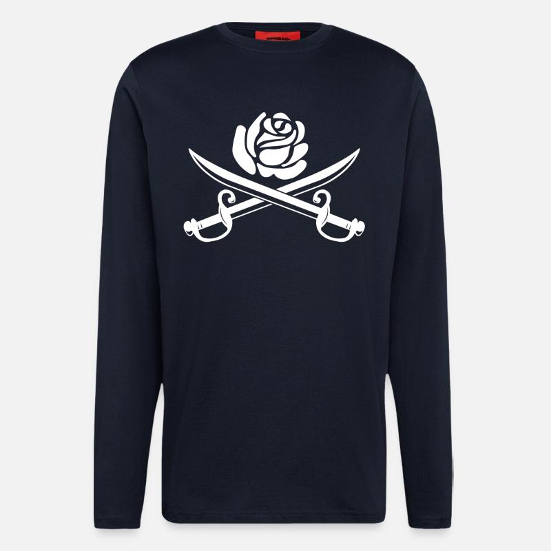 Rose blanche et épées croisées - Manches longues bio décontracté fabriqué en UE - DARK NAVY