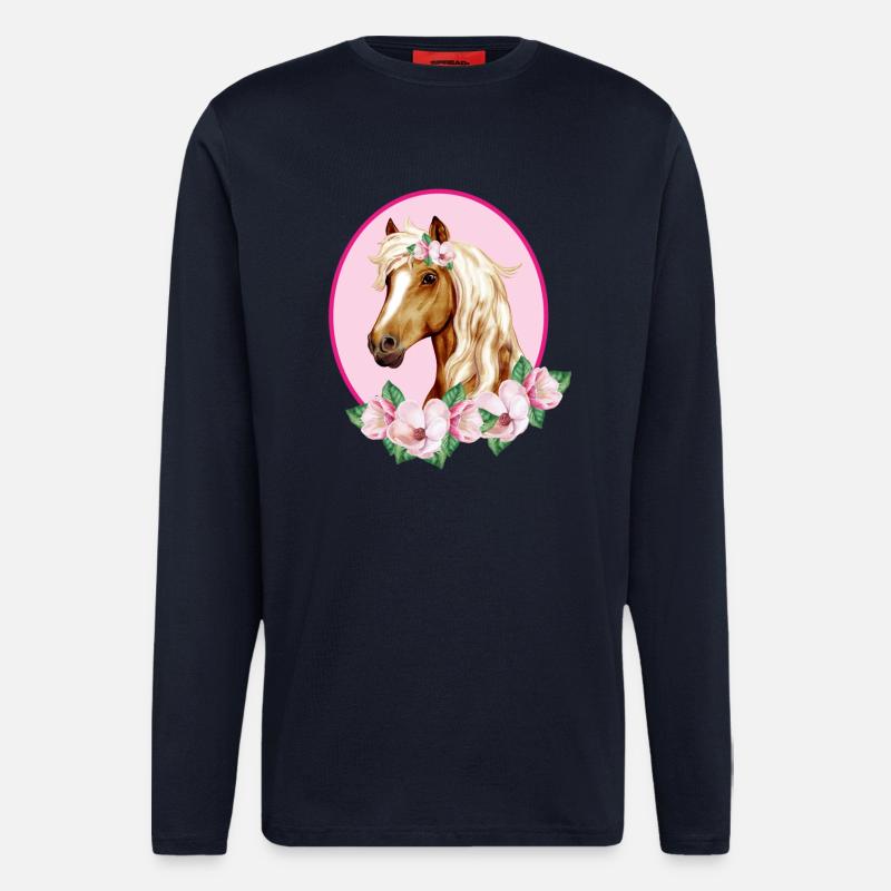 Romantisches braunes Pferd - Blüten rosa - Langarmshirt - made by SPREAD - DARK NAVY