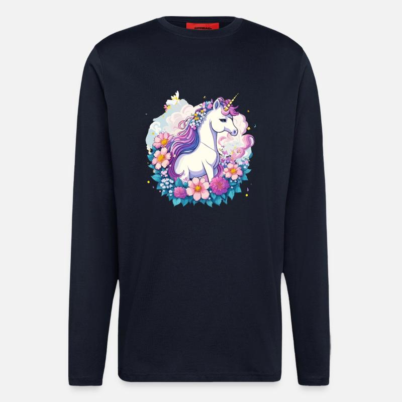 Frühlings-Einhorn mit Blumenkranz - Langarmshirt - made by SPREAD  - DARK NAVY