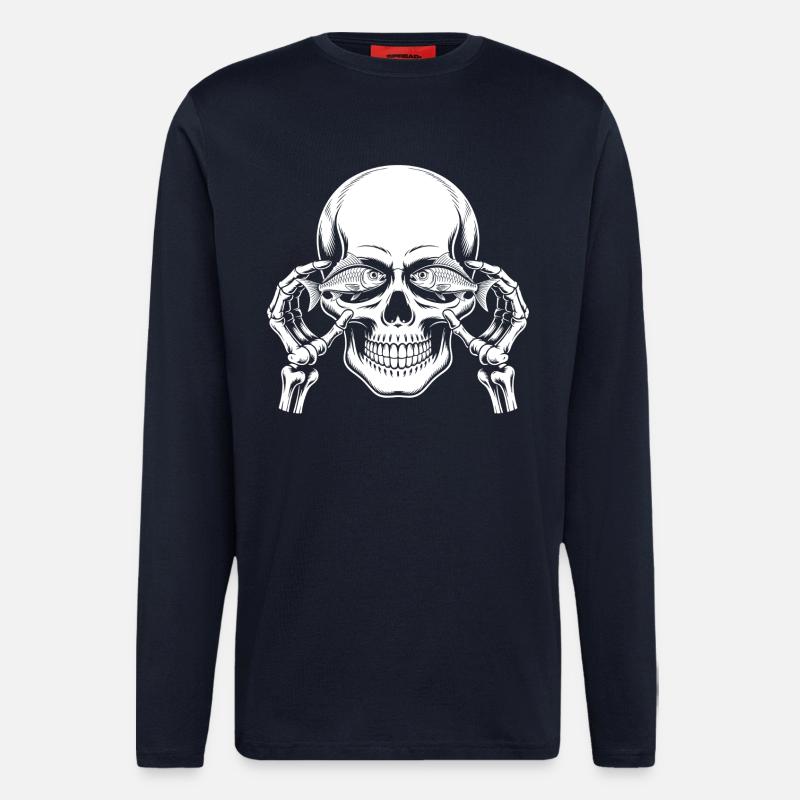 Motif de crâne avec poisson - Manches longues bio décontracté fabriqué en UE - DARK NAVY