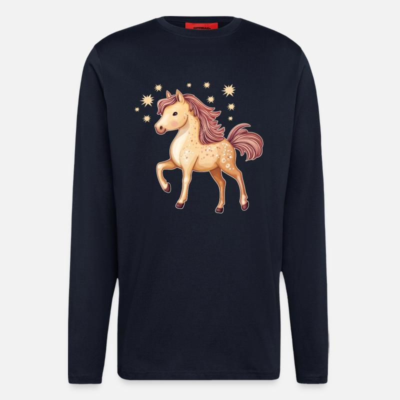 Cheval mignon avec des étoiles - Manches longues bio décontracté fabriqué en UE - DARK NAVY