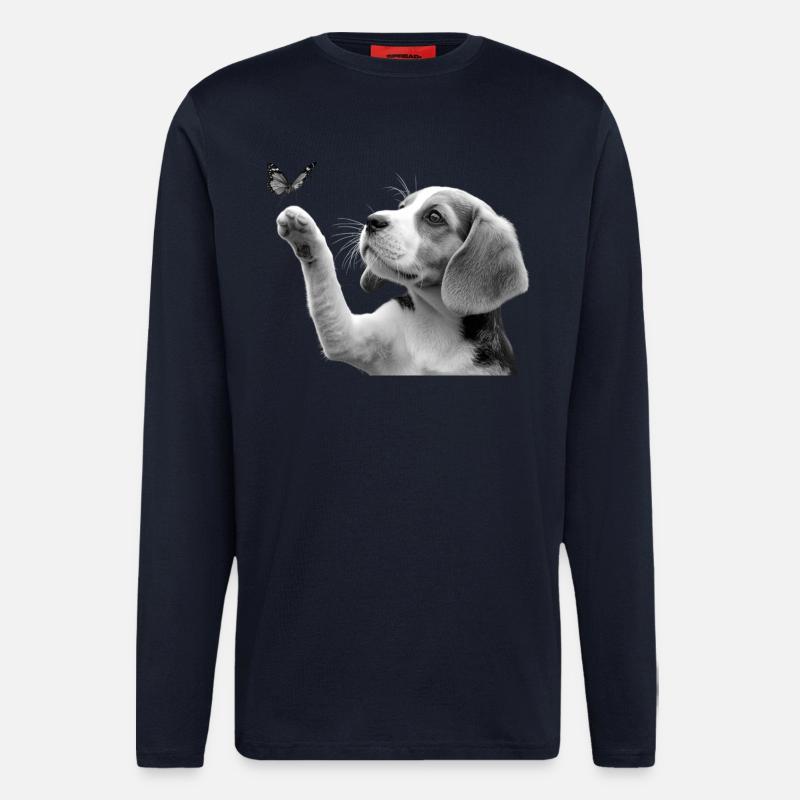 Chiot beagle et papillon - Manches longues bio décontracté fabriqué en UE - DARK NAVY