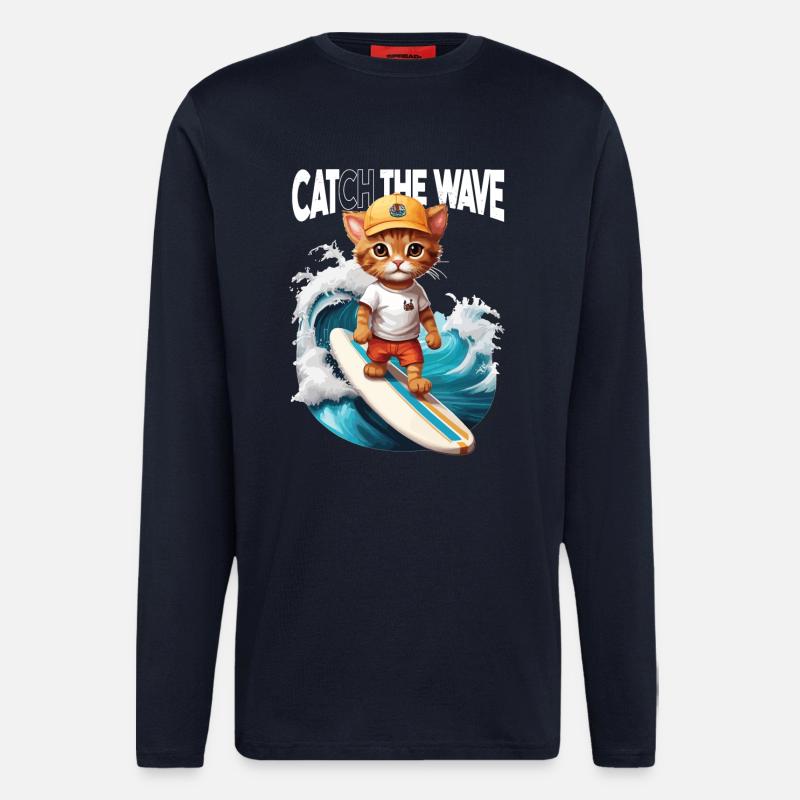 Chat Surfeur Attrape la Vague - Manches longues bio décontracté fabriqué en UE - DARK NAVY
