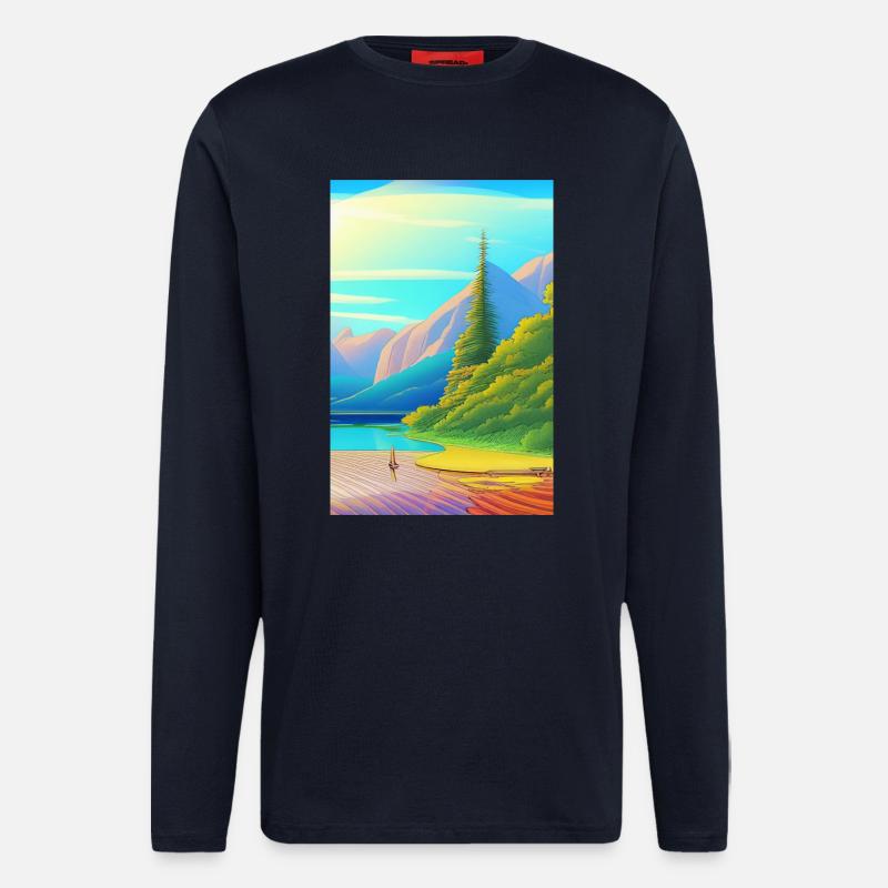 Landschaft mit See, Boot und Berge - Langarmshirt - made by SPREAD - DARK NAVY