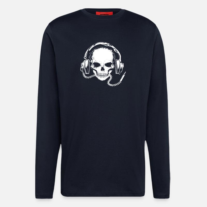 Crâne avec des écouteurs - Manches longues bio décontracté fabriqué en UE - DARK NAVY