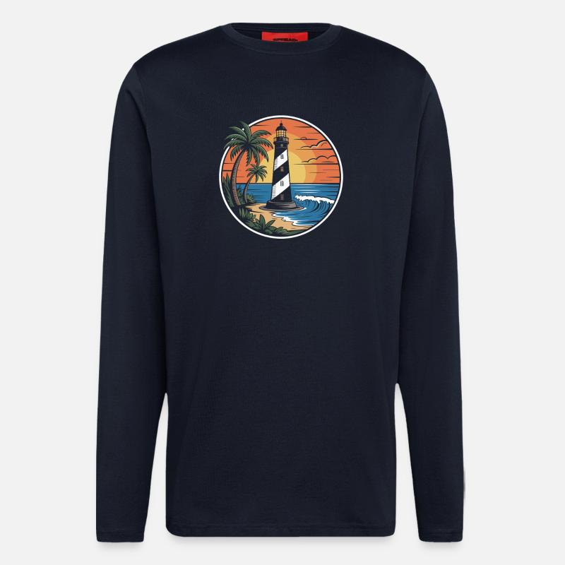 Phare et coucher de soleil - Manches longues bio décontracté fabriqué en UE - DARK NAVY