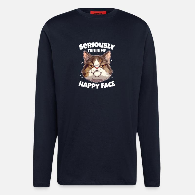 Drôle de chat visage heureux - Manches longues bio décontracté fabriqué en UE - DARK NAVY