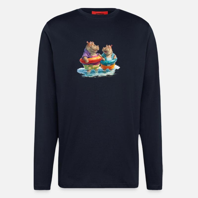 Hippos am Strand mit Schwimmreifen - Langarmshirt - made by SPREAD - DARK NAVY