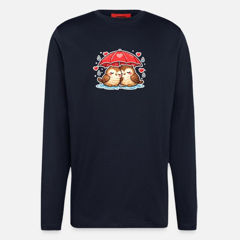 Kuschelige Eulen unter rotem Regenschirm - Langarmshirt - made by SPREAD - DARK NAVY